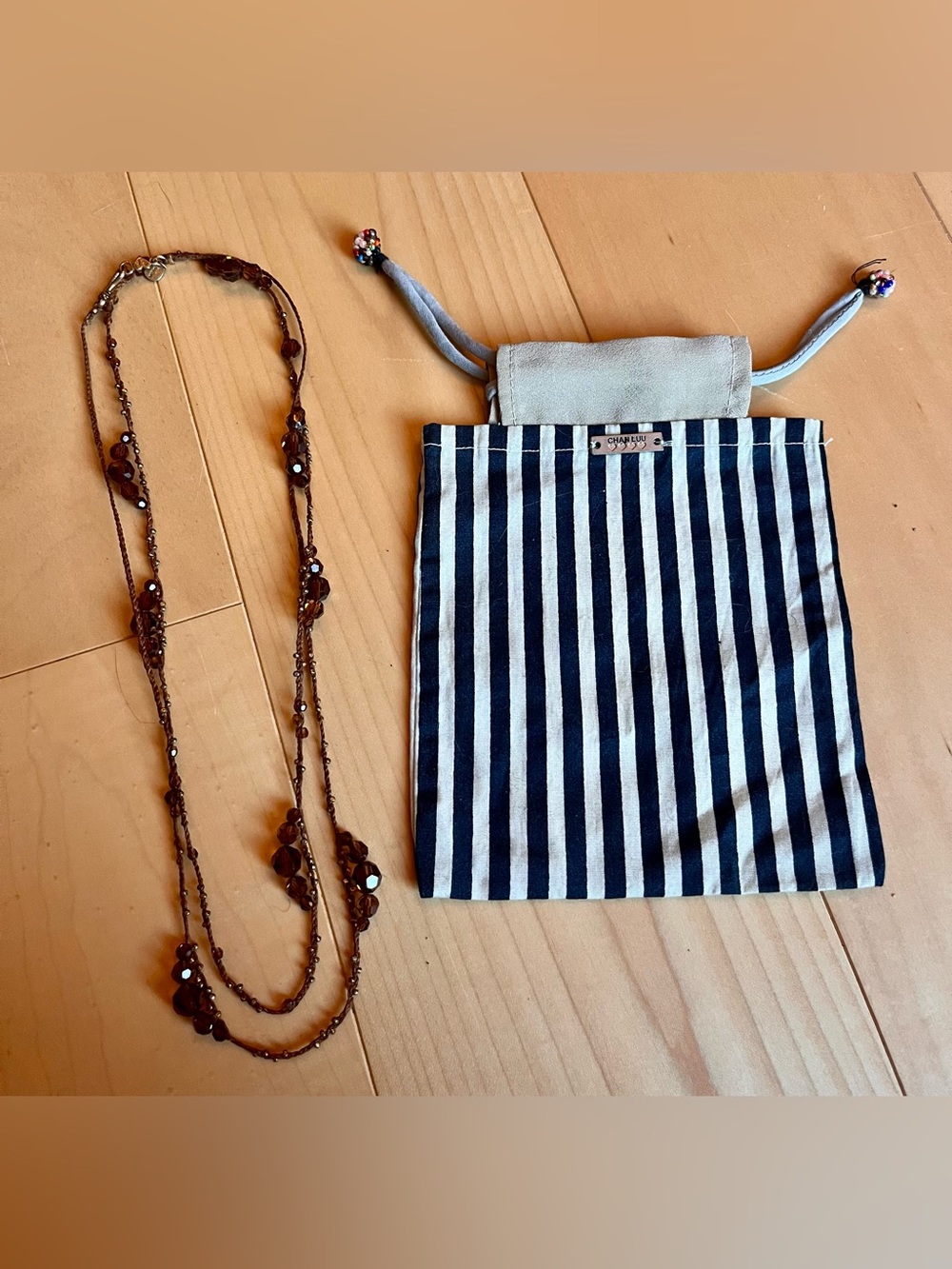Chan Luu Brown Faceted Bead Cord Necklace • Marked 925 • Pouch